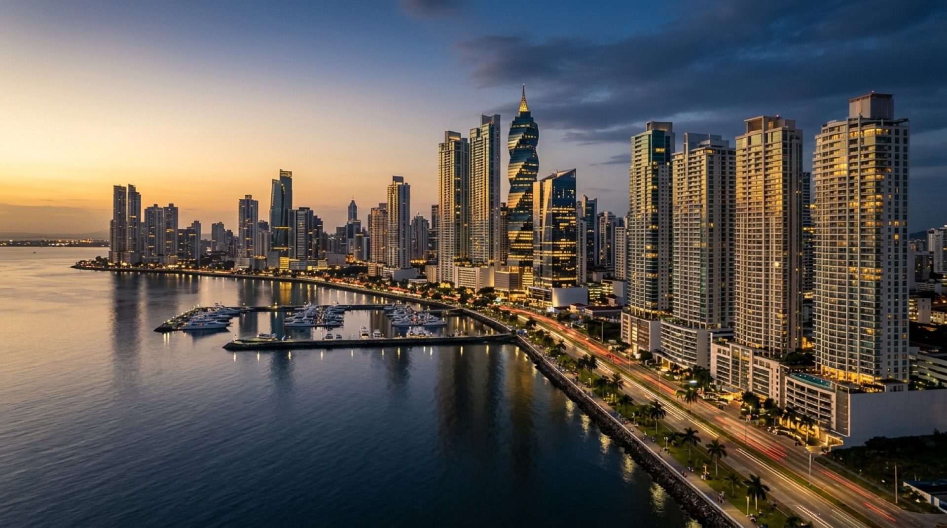 Panorámica nocturna de la Bahía de Panamá
